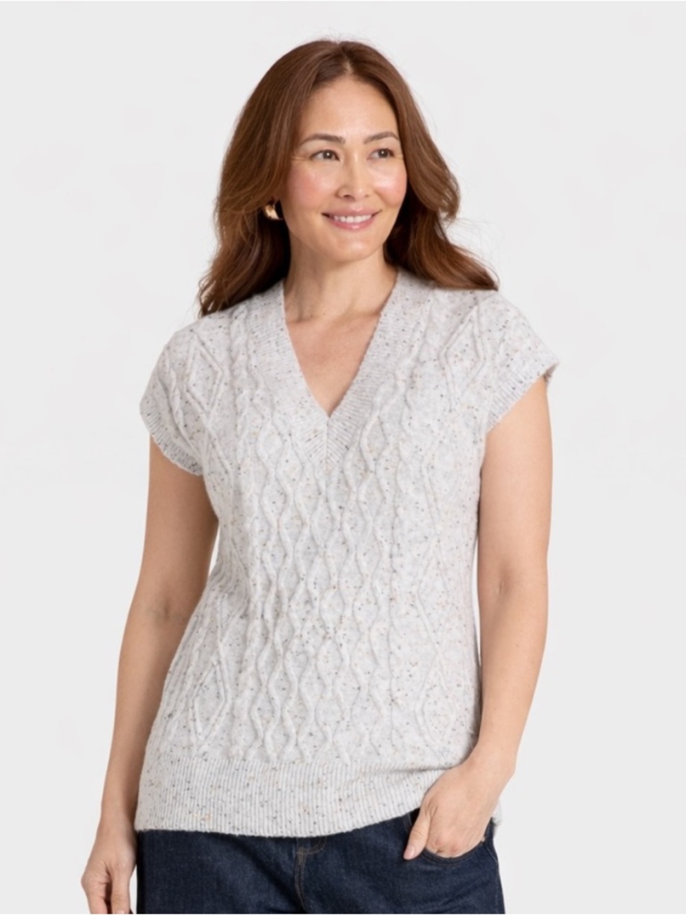 Universal Thread Speckled Cream Gray Cable-Knit V-Neck Sweater Vest NEW